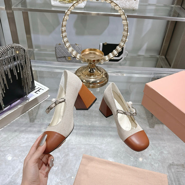 Miu 25C Mary Jane 75MM Beige Cream Mix Brown Fabric 235367