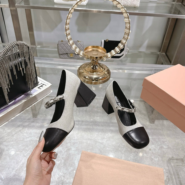 Miu 25C Mary Jane 75MM Beige Gray Mix Black Fabric 235368