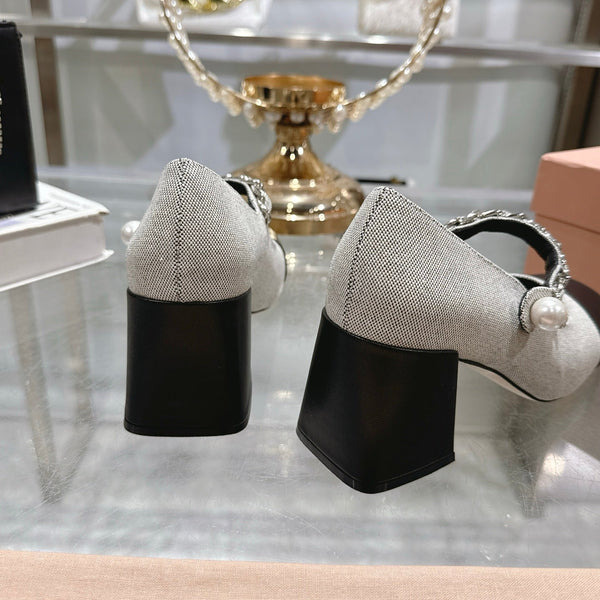 Miu 25C Mary Jane 75MM Beige Gray Mix Black Fabric 235368