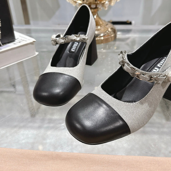 Miu 25C Mary Jane 75MM Beige Gray Mix Black Fabric 235368