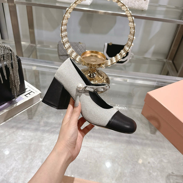 Miu 25C Mary Jane 75MM Beige Gray Mix Black Fabric 235368