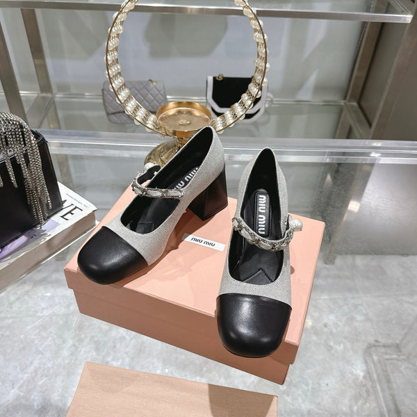 Miu 25C Mary Jane 75MM Beige Gray Mix Black Fabric 235368