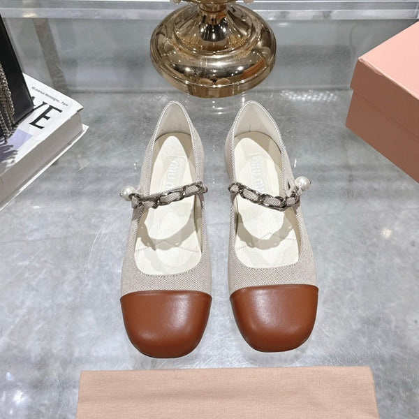 Miu 25C Mary Jane Flat Beige Cream Mix Brown Fabric 235369