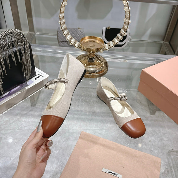 Miu 25C Mary Jane Flat Beige Cream Mix Brown Fabric 235369