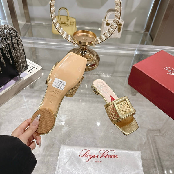 Viv 25 Hollow Square Buckle Slippers Gold Weaving Leather 263001