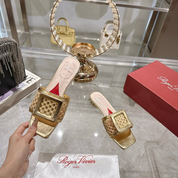 Viv 25 Hollow Square Buckle Slippers Gold Weaving Leather 263001