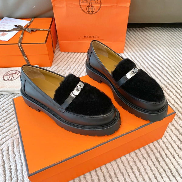 HM Icone Loafer Black Nappa Goat Leather And Rabbit Fur 963171
