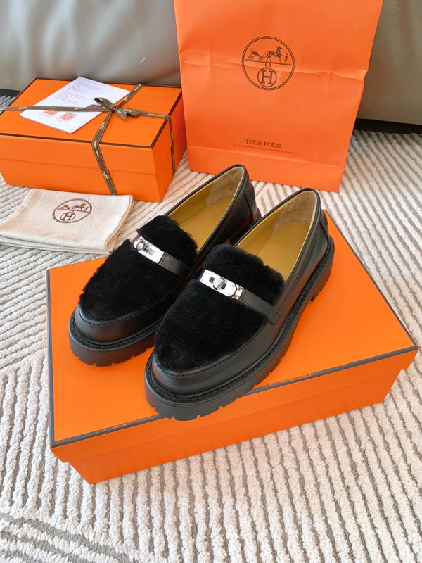 HM Icone Loafer Black Nappa Goat Leather And Rabbit Fur 963171