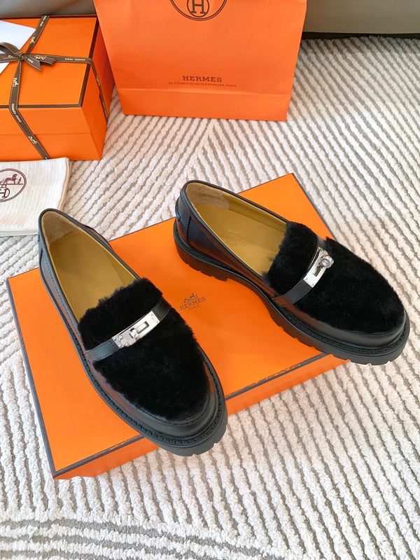 HM Icone Loafer Black Nappa Goat Leather And Rabbit Fur 963171