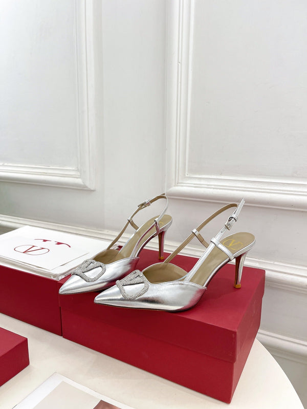 Décolleté con cinturino posteriore Vlogo Signature Diamond in pelle di vitello argentata