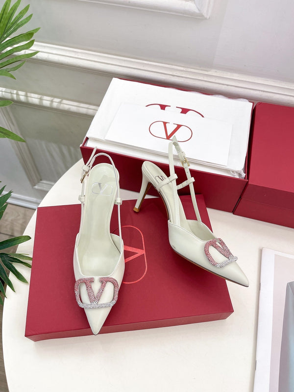 Decolleté Vlogo Signature Slingback in pelle di vitello bianca con cristalli degradati