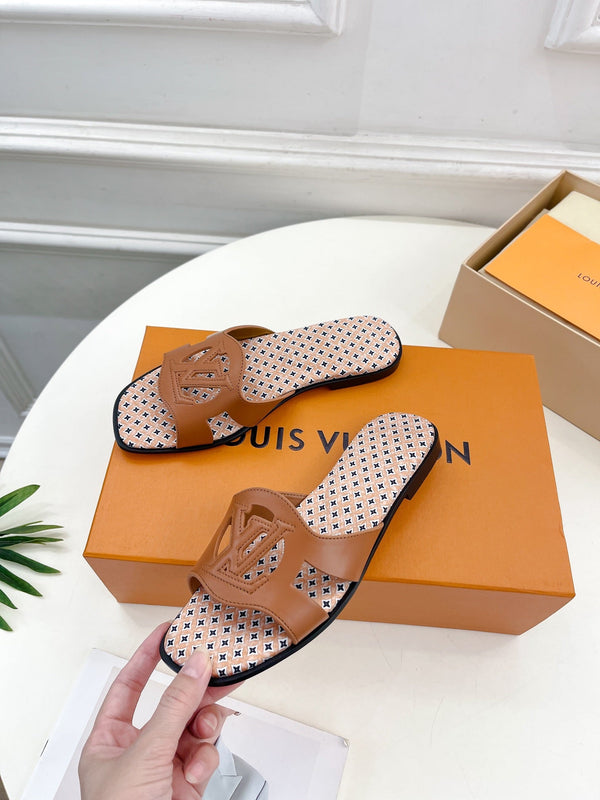 lv sandal isola flat mule brown calfskin star monogram