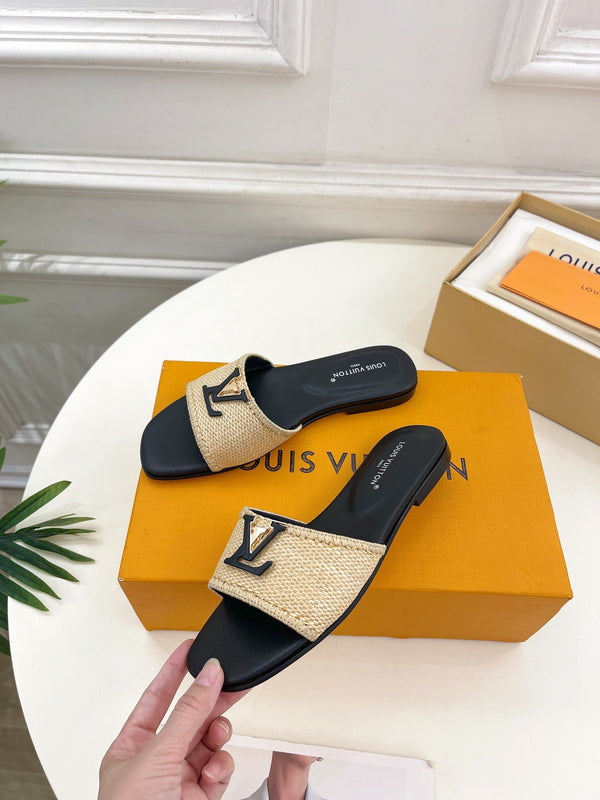 lv capri flat mule beige raffia black calfskin