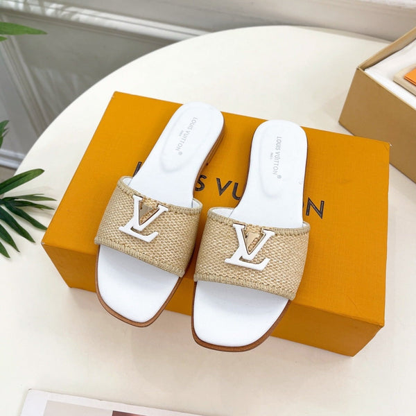 LV Capri Flat Mule Beige Rafia Pelle di vitello bianca