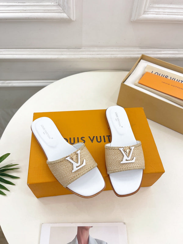 LV Capri Flat Mule Beige Rafia Pelle di vitello bianca