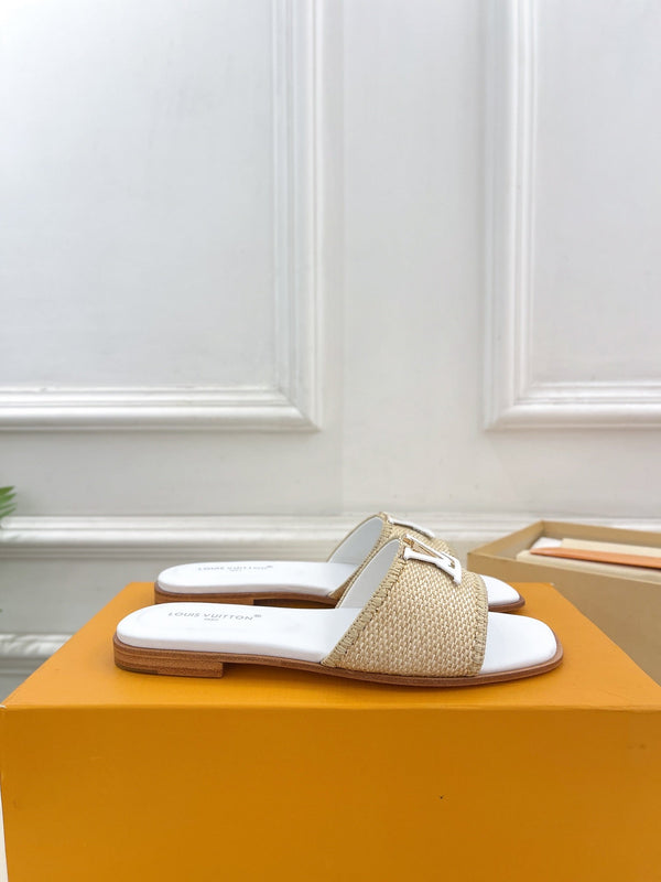 LV Capri Flat Mule Beige Rafia Pelle di vitello bianca