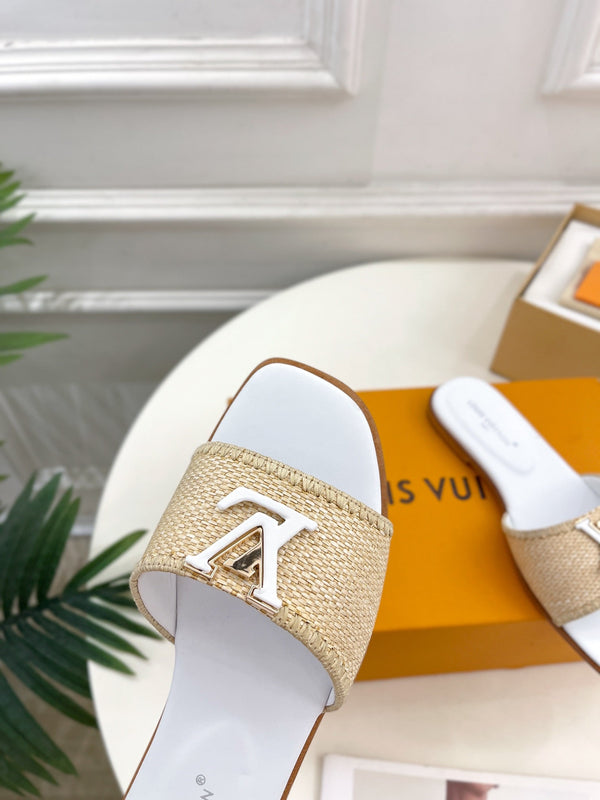 LV Capri Flat Mule Beige Rafia Pelle di vitello bianca