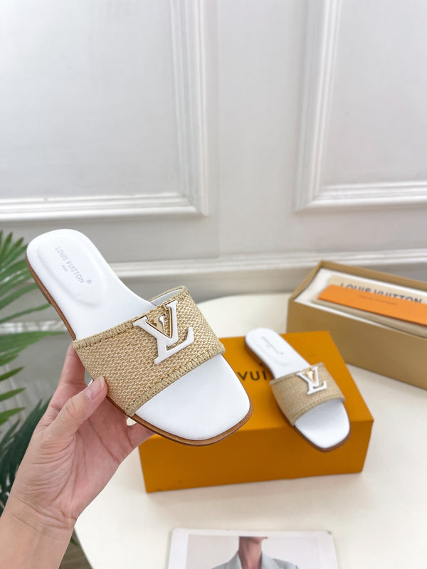 LV Capri Flat Mule Beige Rafia Pelle di vitello bianca