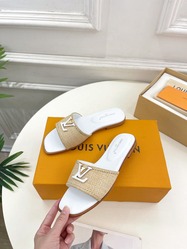LV Capri Flat Mule Beige Rafia Pelle di vitello bianca