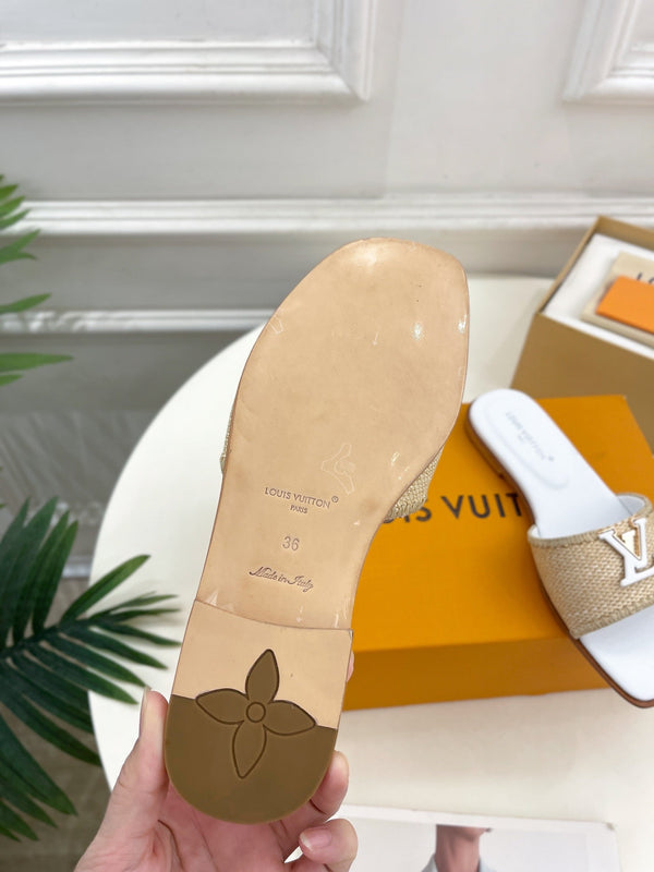 LV Capri Flat Mule Beige Rafia Pelle di vitello bianca