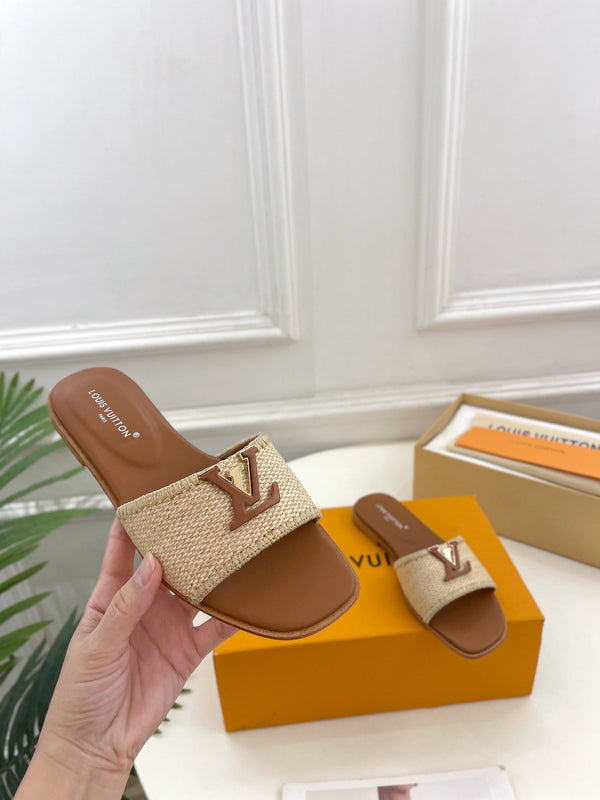 lv capri flat mule beige raffia dark brown calfskin