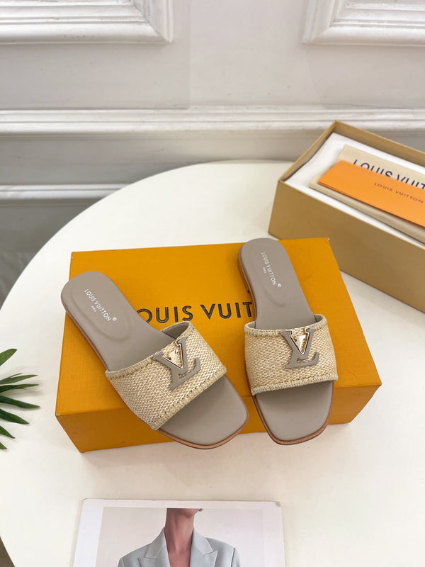 lv capri flat mule beige raffia grey calfskin
