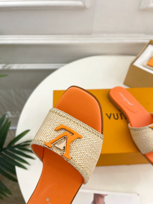 lv capri flat mule beige raffia orange calfskin
