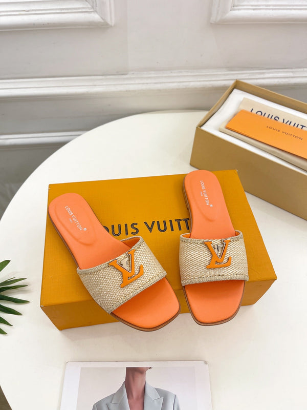 lv capri flat mule beige raffia orange calfskin