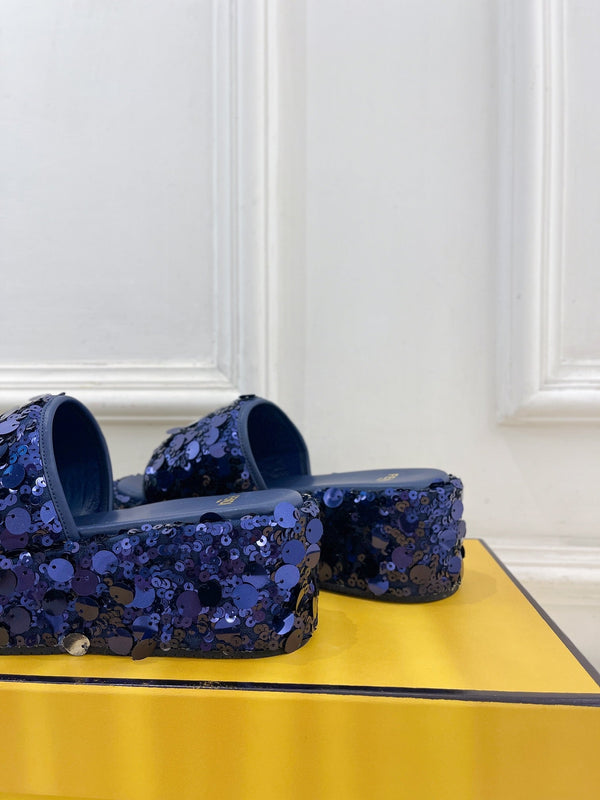 FENDI THICK SOLE 6 CM SEQUIN SLIPPER NAVY BLUE