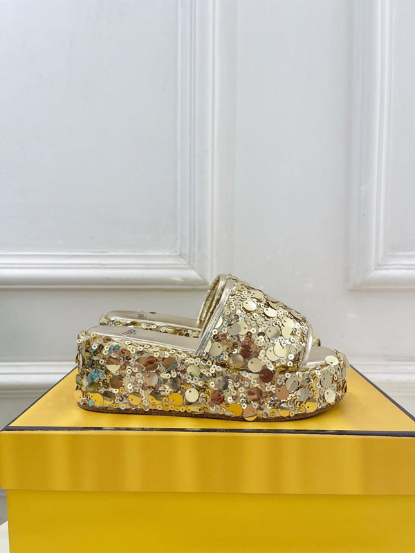 FENDI THICK SOLE 6 CM SEQUIN SLIPPER GOLD