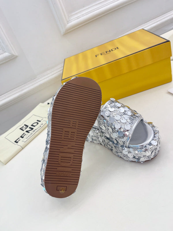 FENDI THICK SOLE 6 CM SEQUIN SLIPPER SILVER