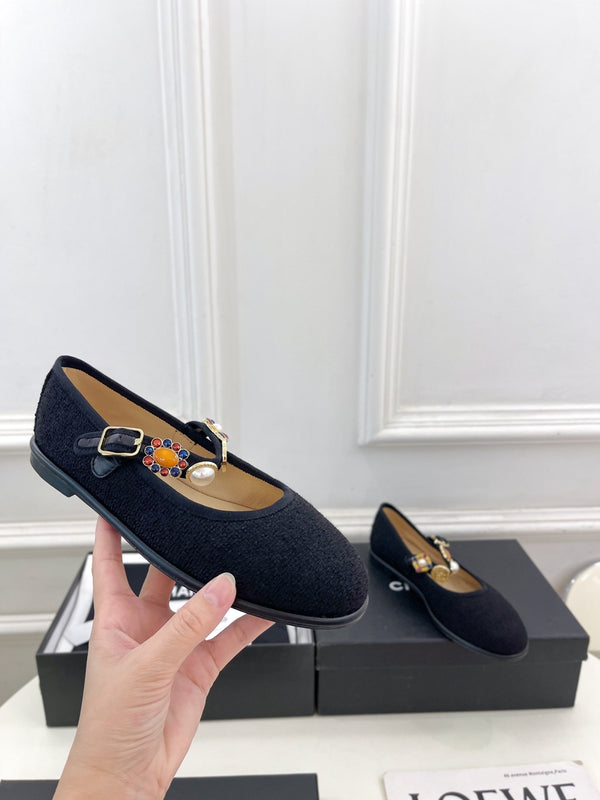 CC Ballet Flats 10mm Black Wool Tweed And Fabric 948826