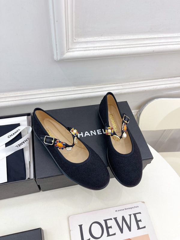 CC Ballet Flats 10mm Black Wool Tweed And Fabric 948826