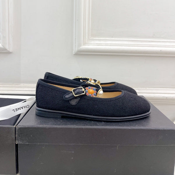 CC Ballet Flats 10mm Black Wool Tweed And Fabric 948826