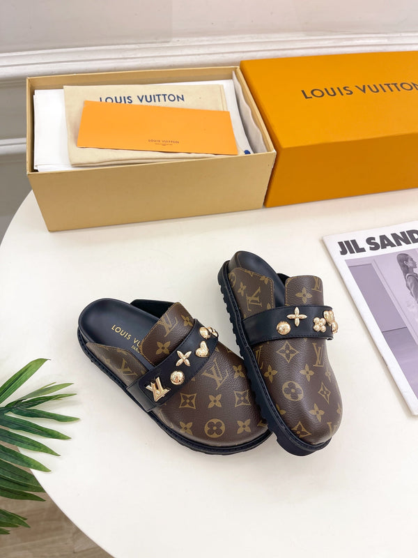 LV Cosy Flat Comfort Clog Dark Brown Monogram Cowhide
