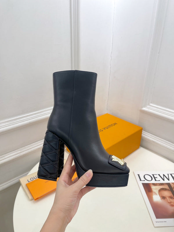 LV Shake Platform Ankle Boot 120mm Plain Black Calfskin