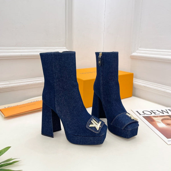 Stivaletto alla caviglia LV Shake Platform 120mm in tessuto denim blu scuro
