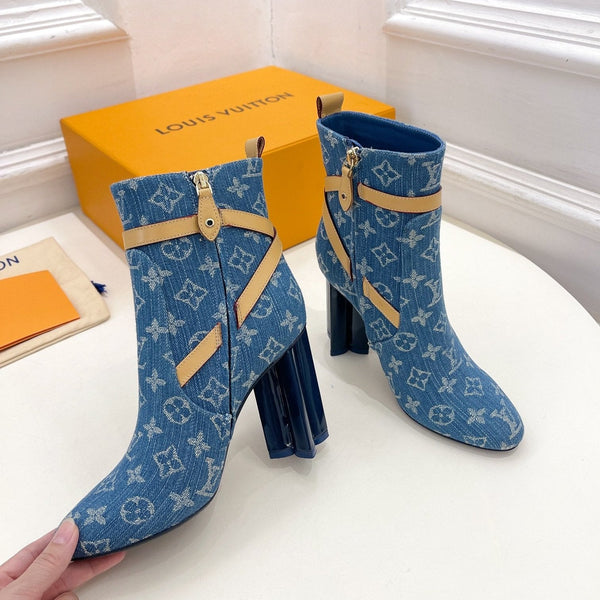 LV Silhouette Ankle Boots 100mm Dark Blue Monogram Jacquard Fabric