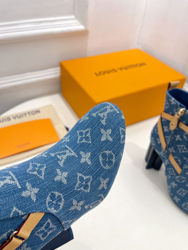 LV Silhouette Ankle Boots 100mm Dark Blue Monogram Jacquard Fabric