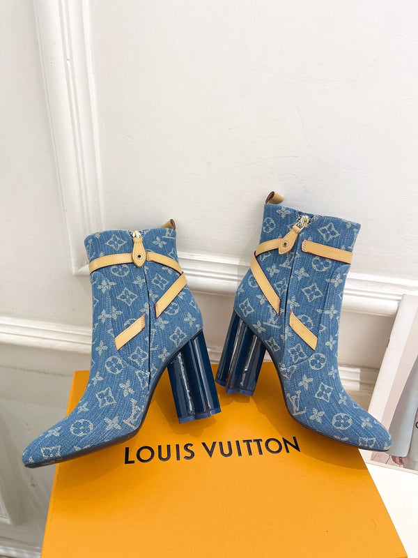 LV Silhouette Ankle Boots 100mm Dark Blue Monogram Jacquard Fabric