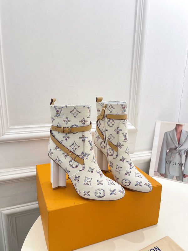 LV Silhouette Ankle Boots 100mm White Monogram Jacquard Fabric