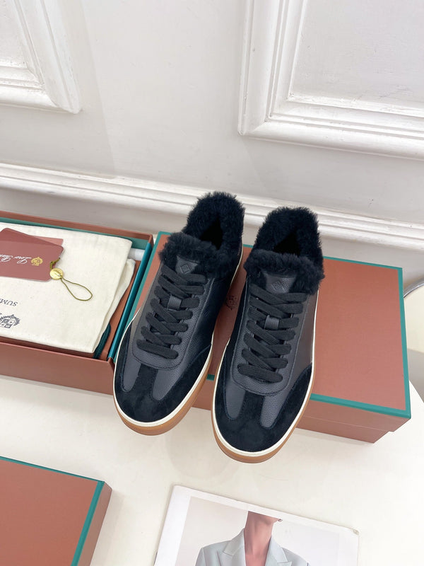 LP Tennis Walk Sneaker In Black Cowhide Lined With Wool Fleece 988262