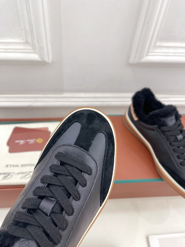 LP Tennis Walk Sneaker In Black Cowhide Lined With Wool Fleece 988262