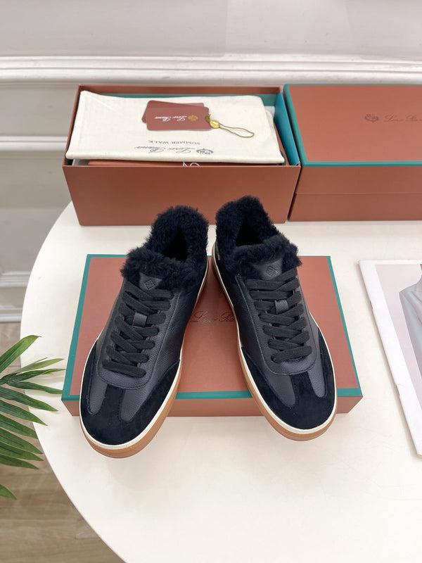 LP Tennis Walk Sneaker In Black Cowhide Lined With Wool Fleece 988262