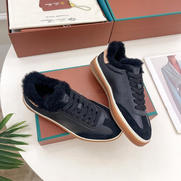 LP Tennis Walk Sneaker In Black Cowhide Lined With Wool Fleece 988262