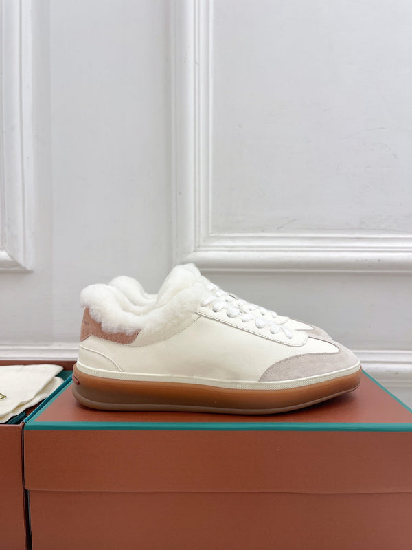 LP Tennis Walk Sneaker In White Grey Lambskin Lined With Wool Fleece 988264