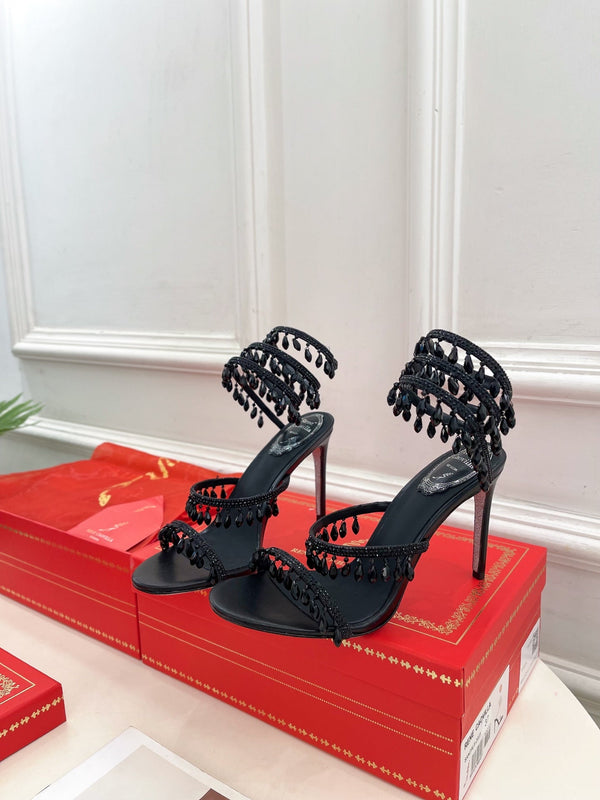 RC 25 Crystal Tassel High-Heeled Sandals Black Silk Crystal Diamond 253539