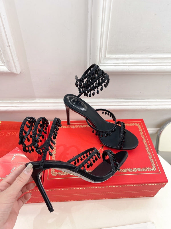 RC 25 Crystal Tassel High-Heeled Sandals Black Silk Crystal Diamond 253539