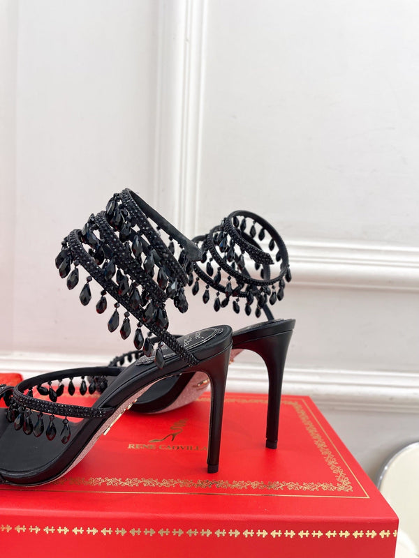 RC 25 Crystal Tassel High-Heeled Sandals Black Silk Crystal Diamond 253539