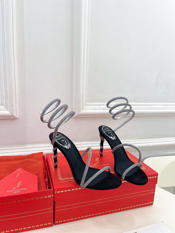 RC 25 Crystal Diamond Snake-Shaped High-Heeled Black Silver Silk Rhinestones 253546